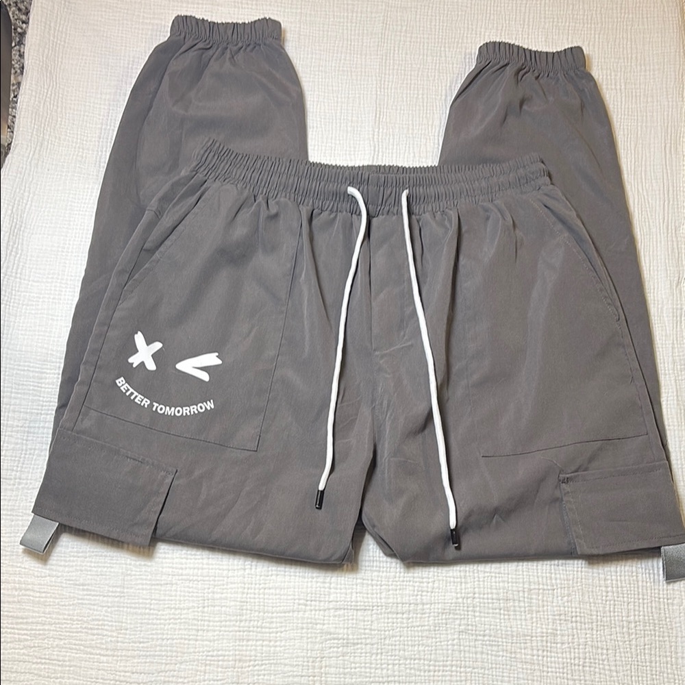‘BETTER TOMORROW’ Gray Cargo Pants with Relaxed Fit and Drawstring Waist